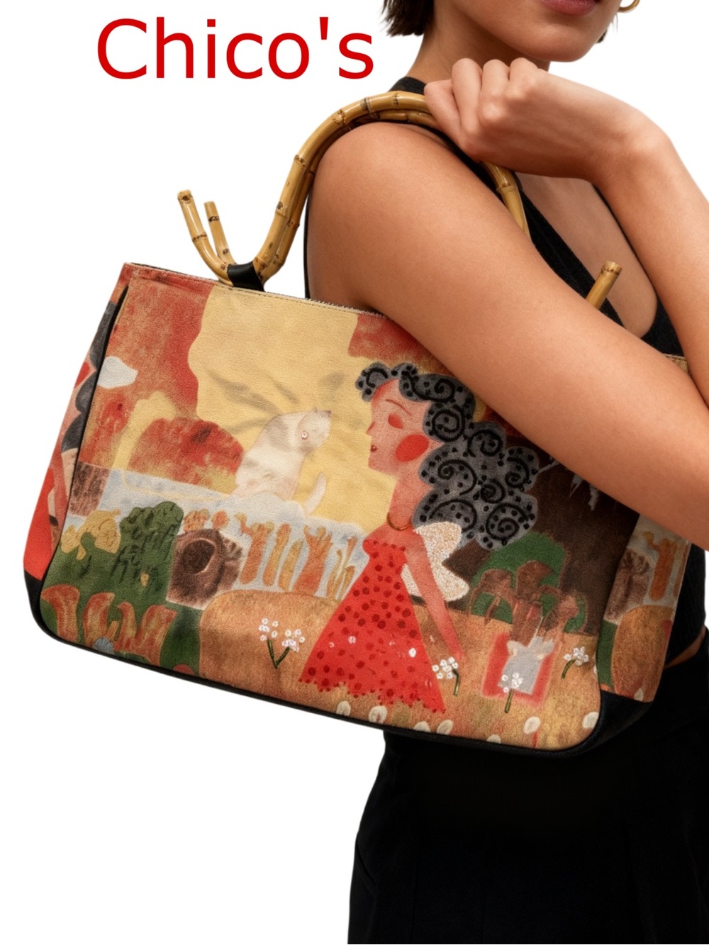 Chico's Colorful Printed Tote with Bamboo Handles